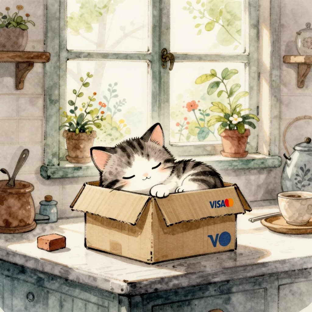 A kitten in a cardboard box, soft watercolor