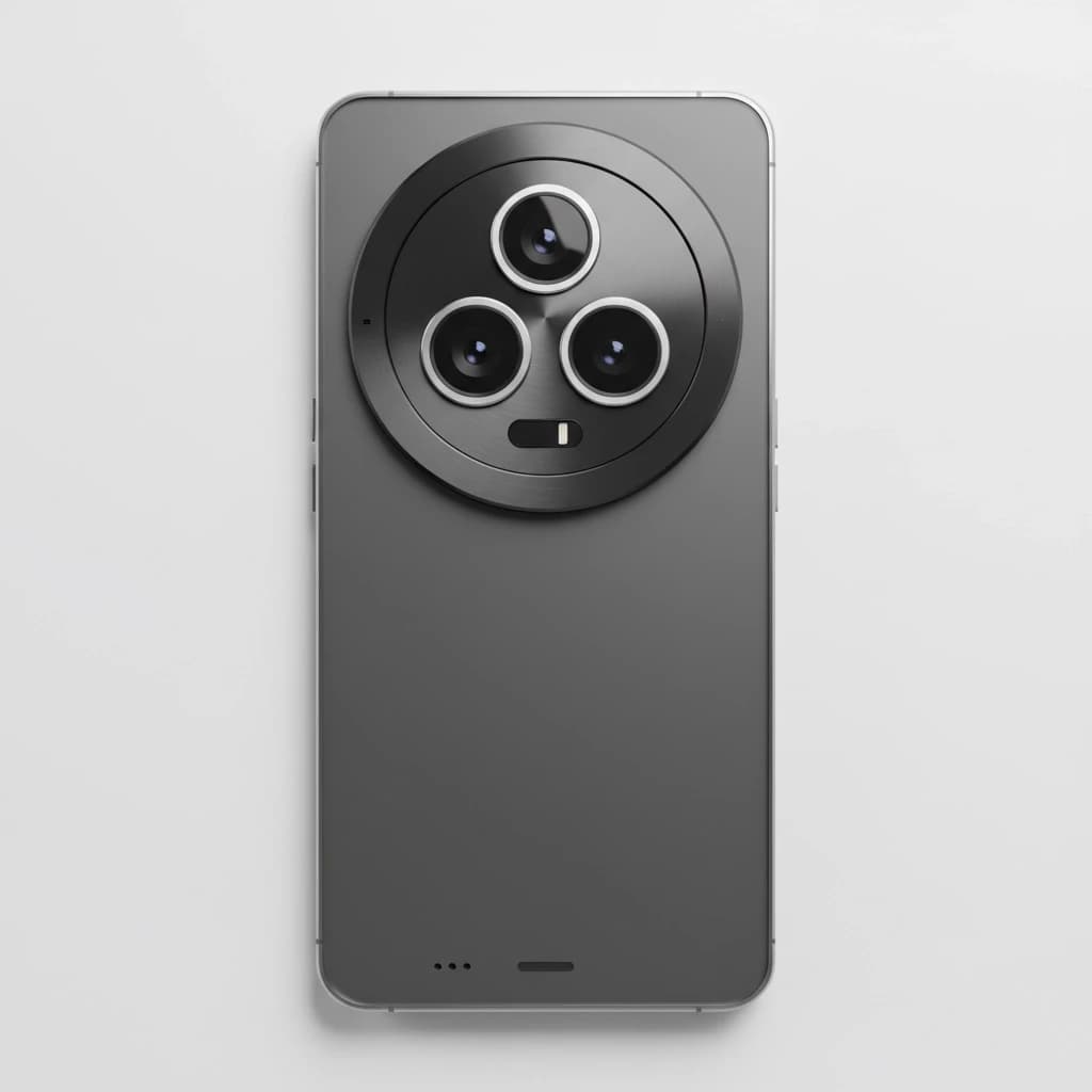 Sleek modern smartphone with an oversized rear camera module,
minimalist industrial design, matte glass back panel,
large circular camera system dominating the upper back,
clean product render, soft studio lighting,
centered composition, realistic reflections, ultra detailed