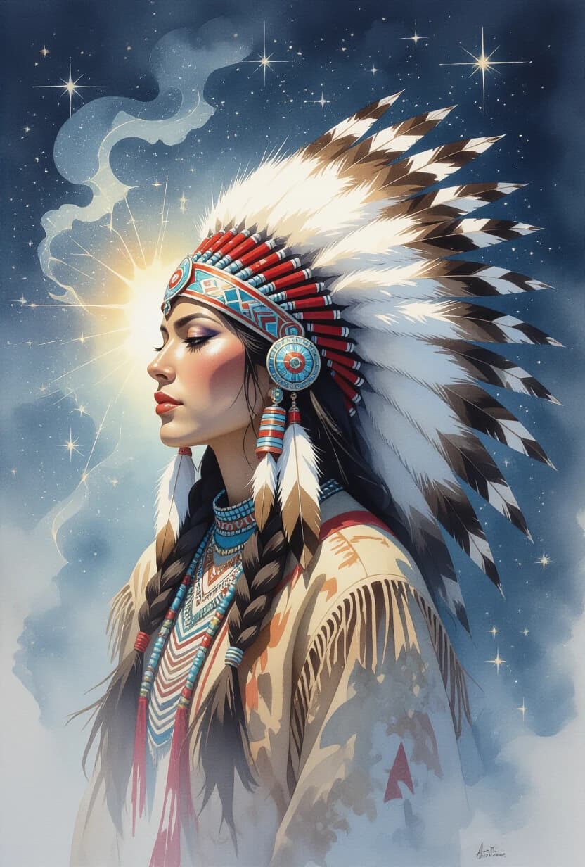 (Watercolor portrait:1.2), (in style of Alaya Gadeh's, Annette Schmucker's art:1.4), Native American shaman wearing a fur bear headdress, traditional media , watercolor, fantasy illustration , soft colors, final fantasy , the warrior of light from final fantasy, beautiful mysterious clouds, in a magical world, , illuminated by a silvery glow. On a dark background of complex texture: stars, silver dust, abstract electric sparks, neon flashes and mystical glow. High contrast of the drawing and background. surrealism, fantasy with elements of modernity. High detail, high quality, 8k