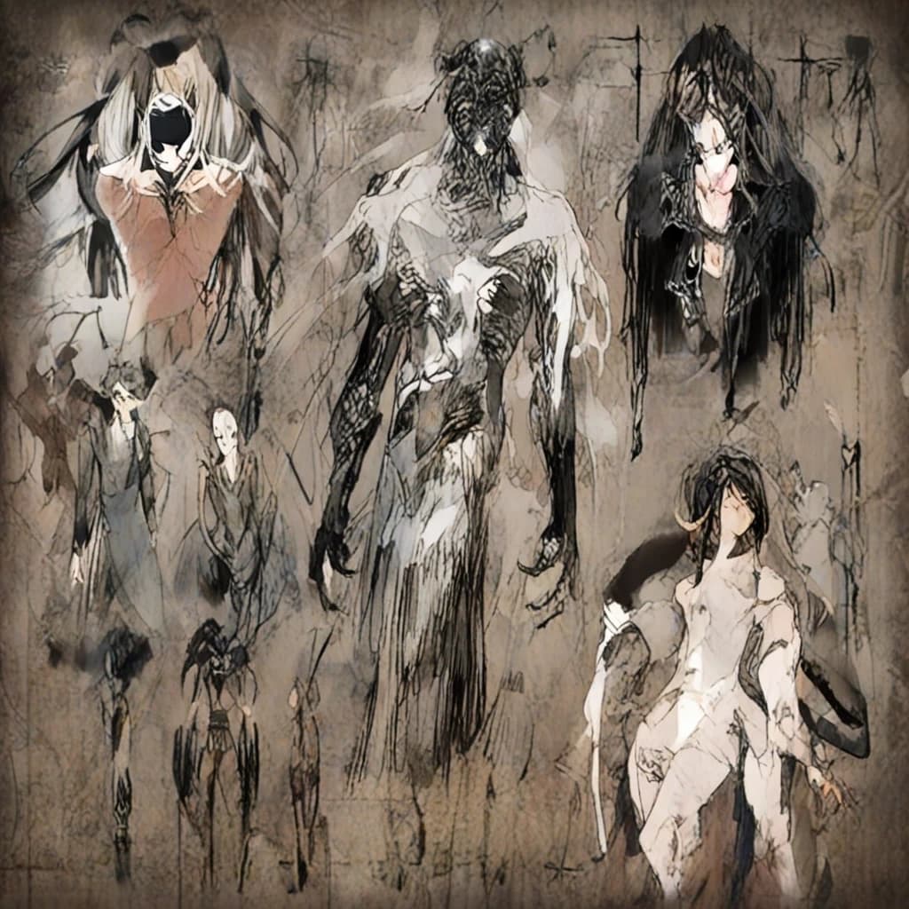 Character concept art, adult girl, a half-human with dragon features, tall, slender, with long black hair, with light gray eyes, on her head two light amber dragon horns with black patterns similar to branches, behind her back an amber dragon tail with black patterns, dressed in a light and loose Taoist outfit in black and amber shades, she has a cold look and an impenetrable expression, concept art, anime style, 2D