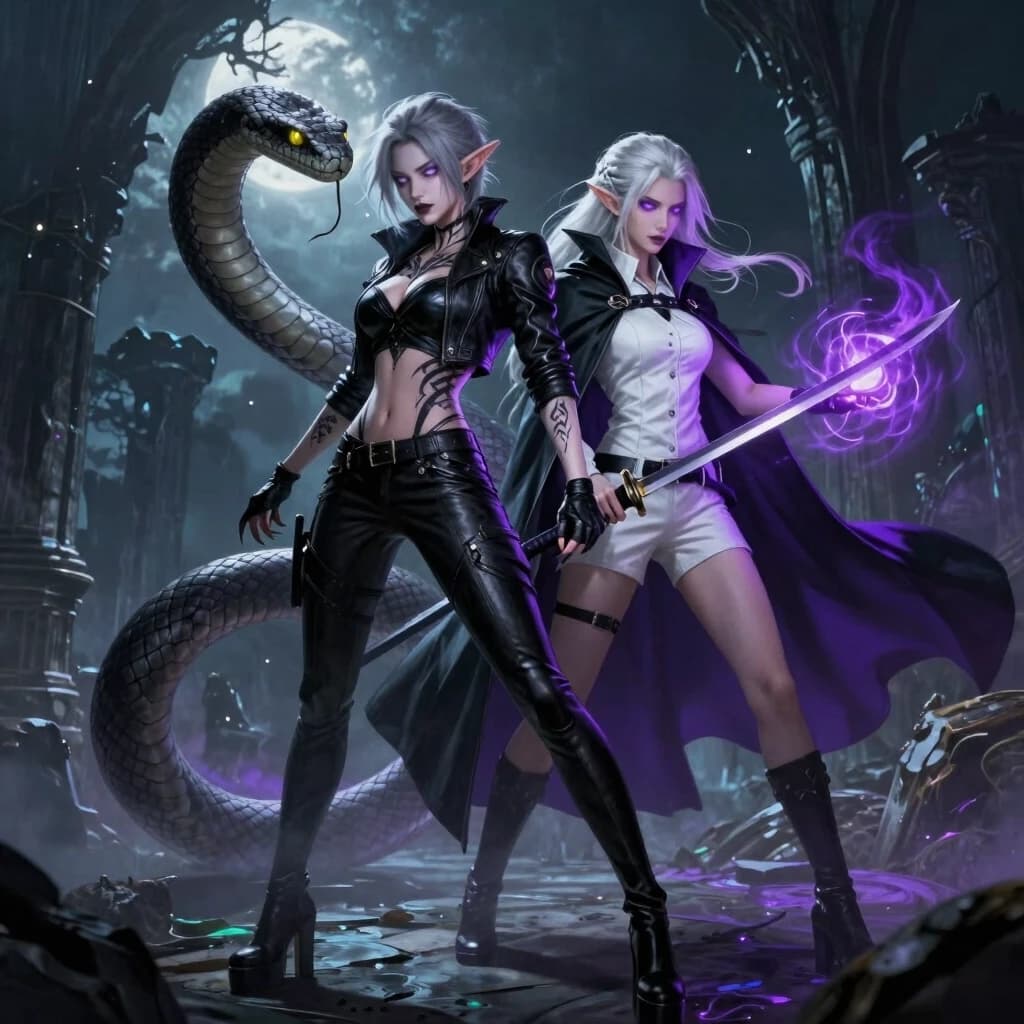 `
/imagine prompt: A stunning dark fantasy illustration featuring two powerful female characters.
Character 1 (Gothic Elf): A pale-skinned elf woman with short, messy silver hair, sharp pointed ears, and glowing white eyes. She wears a sleek black leather jacket unzipped over a black leather crop top, black leather pants, and towering platform boots. Her black gloves have sharp claws. Prominent tribal tattoos adorn her chest and arms. Her lips are dark, and a subtle, alluring smirk plays on her face. A large, menacing dark grey snake with bright yellow, slitted eyes is coiled majestically around her, its head positioned protectively or intimately near hers. She exudes an aura of dark, seductive power.
Character 2 (White-Haired Warrior): Standing beside her, slightly in the background but equally prominent, is a dynamic white-haired female warrior. Her long silver hair is partially braided, and her intense purple eyes glow with determination. She's dressed in a pristine white collared shirt, white shorts, a flowing black cape with a vibrant purple lining, and practical black boots. She wields two katanas, one held defensively and the other sheathed. Her left hand emanates a powerful, swirling purple magical energy, indicating readiness for battle.
Setting & Mood: They are positioned within an ancient, overgrown stone ruin under a moonlit sky, shrouded in a swirling mist of dark blues, purples, and greens, reminiscent of cosmic energy. Ethereal light sources cast dramatic shadows, highlighting their powerful forms. The overall mood is one of powerful alliance, dark mysticism, and readiness for an epic encounter.
Artistic style: highly detailed, atmospheric, cinematic lighting, dramatic, ethereal glow, high contrast, fantasy illustration, digital painting, vivid colors, intricate details, character art, heroic pose, cinematic composition, epic scene.