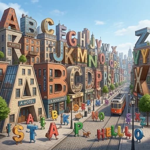 City with letters-houses and people. People should be letters too. Buildings should be letters, not decored with letters
