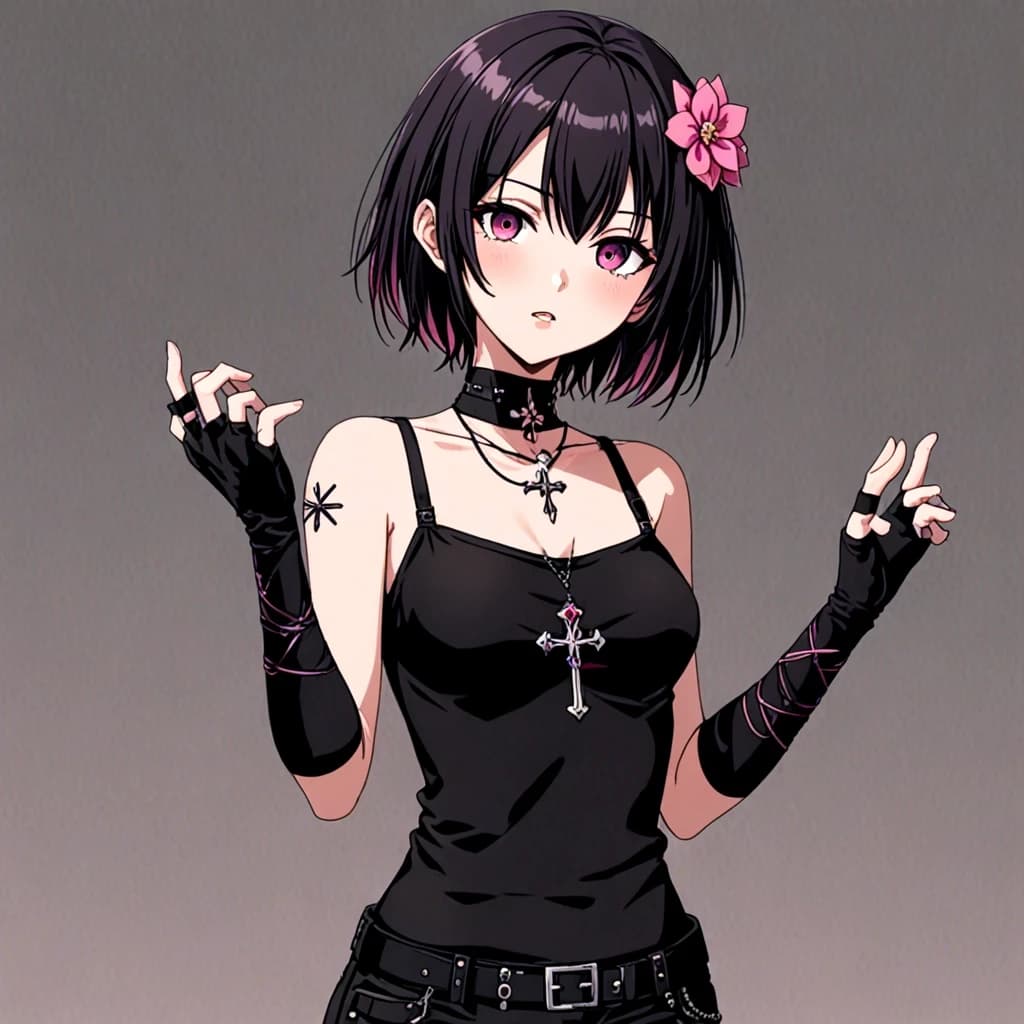 The image shows an anime girl with short dark hair adorned with a pink flower clip. She has large pink eyes and a slightly open mouth. She is dressed in a black top with thin straps and a neckline, as well as black loose-fitting pants. She wears black fingerless gloves on her hands. She also has a choker with a cross pendant around her neck.
The background of the image is predominantly black with some neon pink elements.