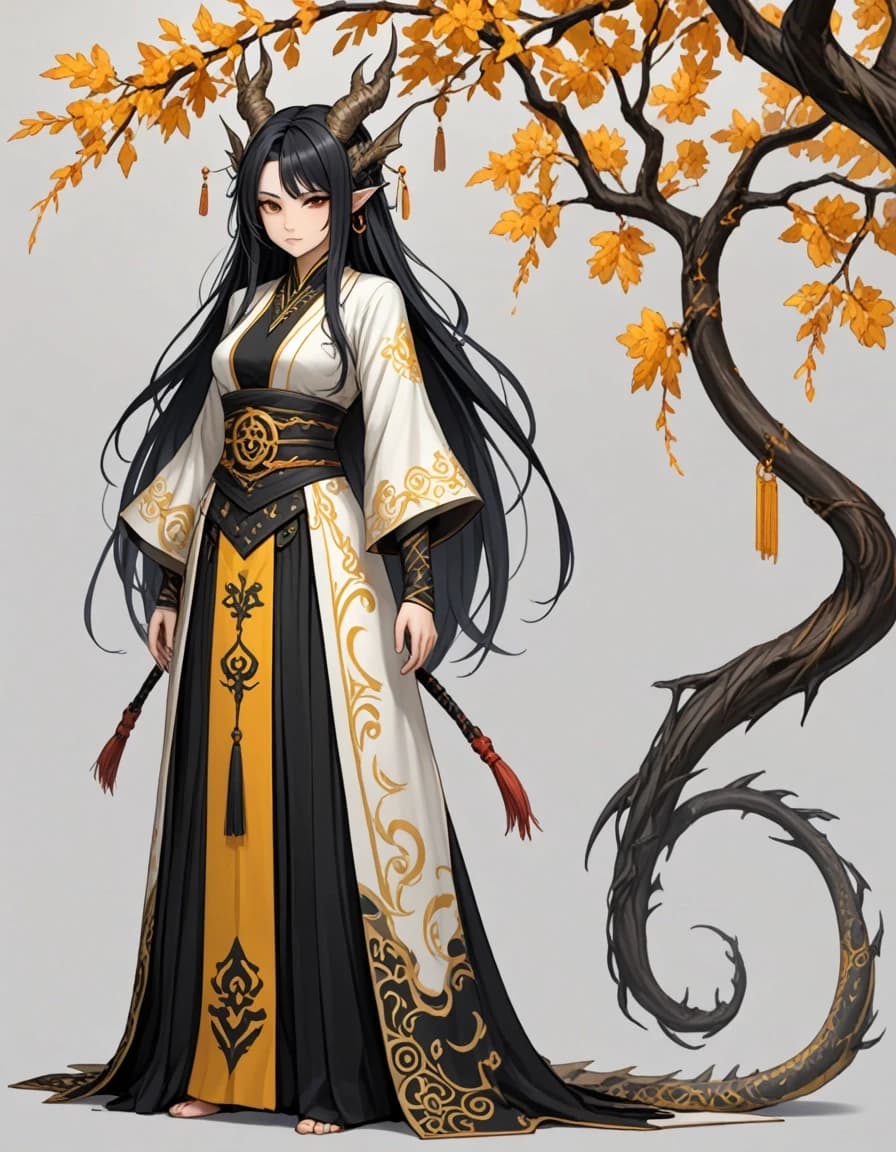 Character concept art, full-body, adult girl, a half-human with dragon features, tall, slender, with long black hair, eyes color is light gray, on head two light amber with black patterns thin dragon horns similar to tree branches, dressed in a light and loose Taoist outfit in black and amber shades, she has a cold look and an impenetrable expression, concept art, anime style, 2D