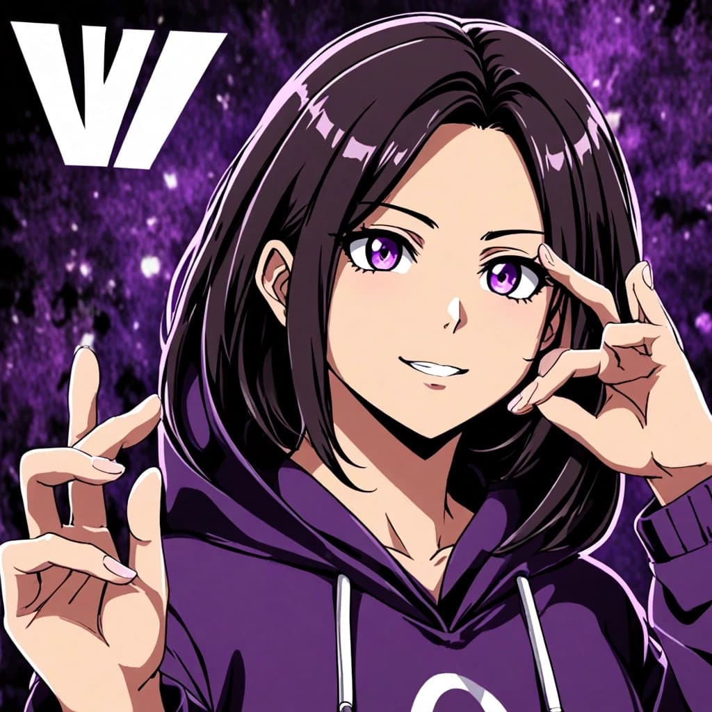 The image shows an anime-style character wearing a hoodie. The character has dark hair and heterochromia: one eye is purple, the other is white or light. His lips are curled into a smirk. The character's hand is raised and formed into a "Victoria" sign near the eye.
The background consists of blurred purple and black hues. There are highlights of light and a blurring effect in the image.