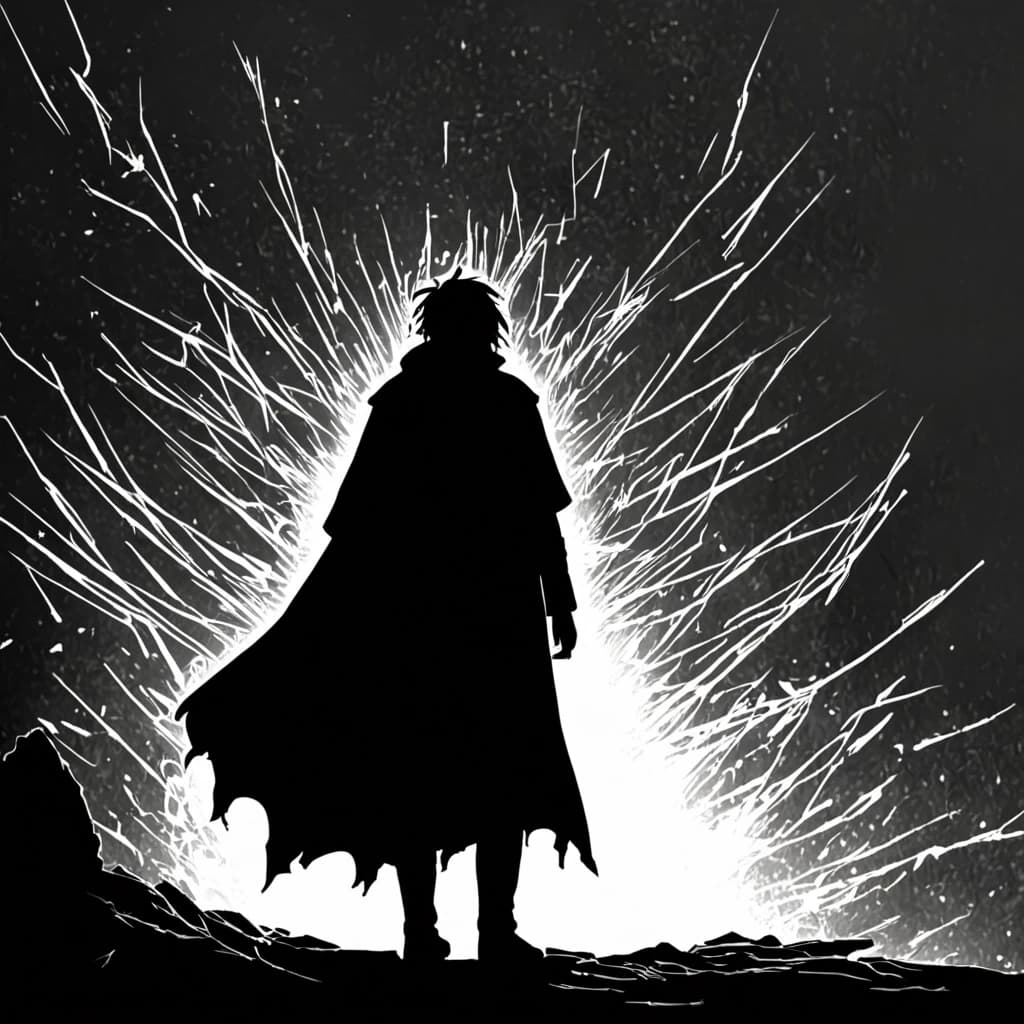 The image shows a stylized, black-and-white drawing.
In the center of the composition is the silhouette of a character. He is dressed in a cloak and has something like straps or harnesses crossing his back. The character's head, with its dark, disheveled hair, stands out against the background. The background of the image is dark, with sparks or lightning adding to the dynamic effect.