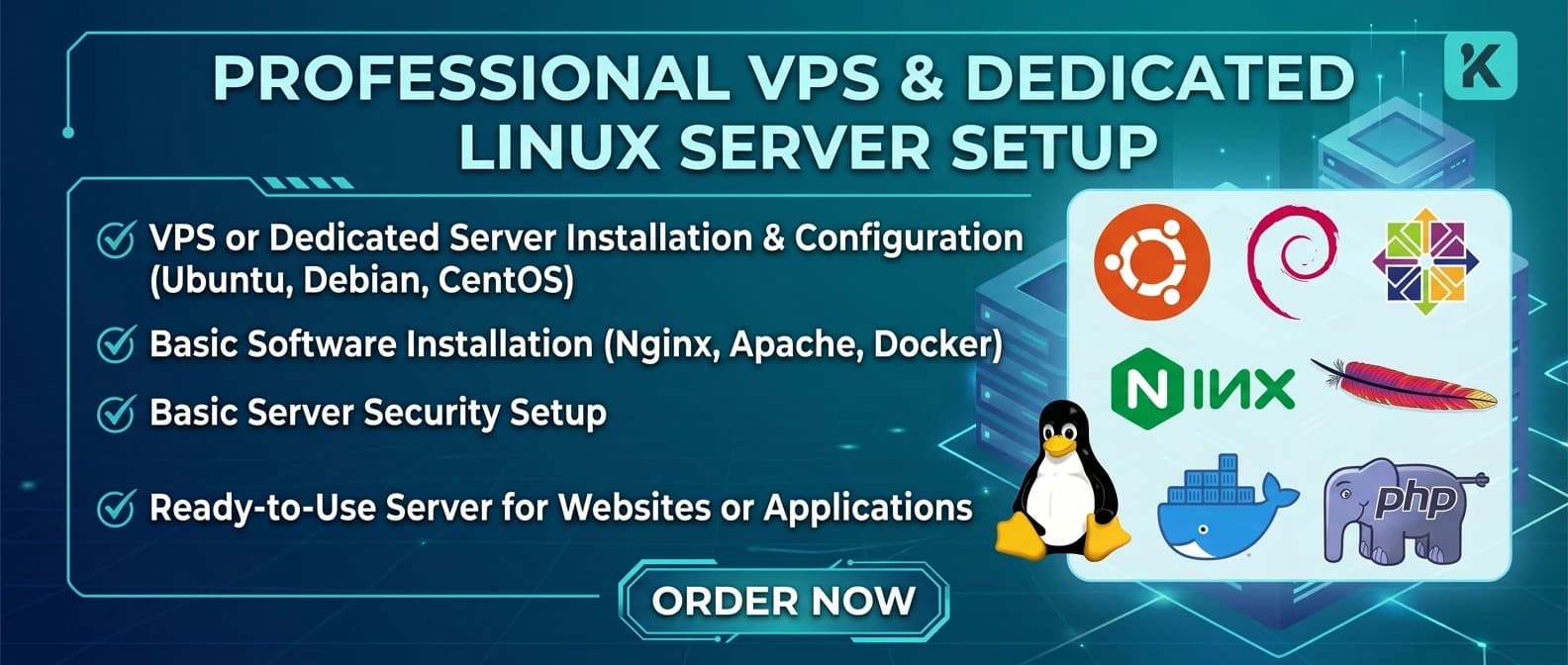 Beautiful professional banner for Kwork on the topic I will professionally set up your VPS or dedicated Linux server. With this service, you will get: • VPS or dedicated server installation and configuration (Ubuntu, Debian, CentOS) • Basic software installation (Nginx, Apache, Docker) • Basic server security setup • Ready-to-use server for hosting websites or applications more pictures ubuntu linux php apache etc
