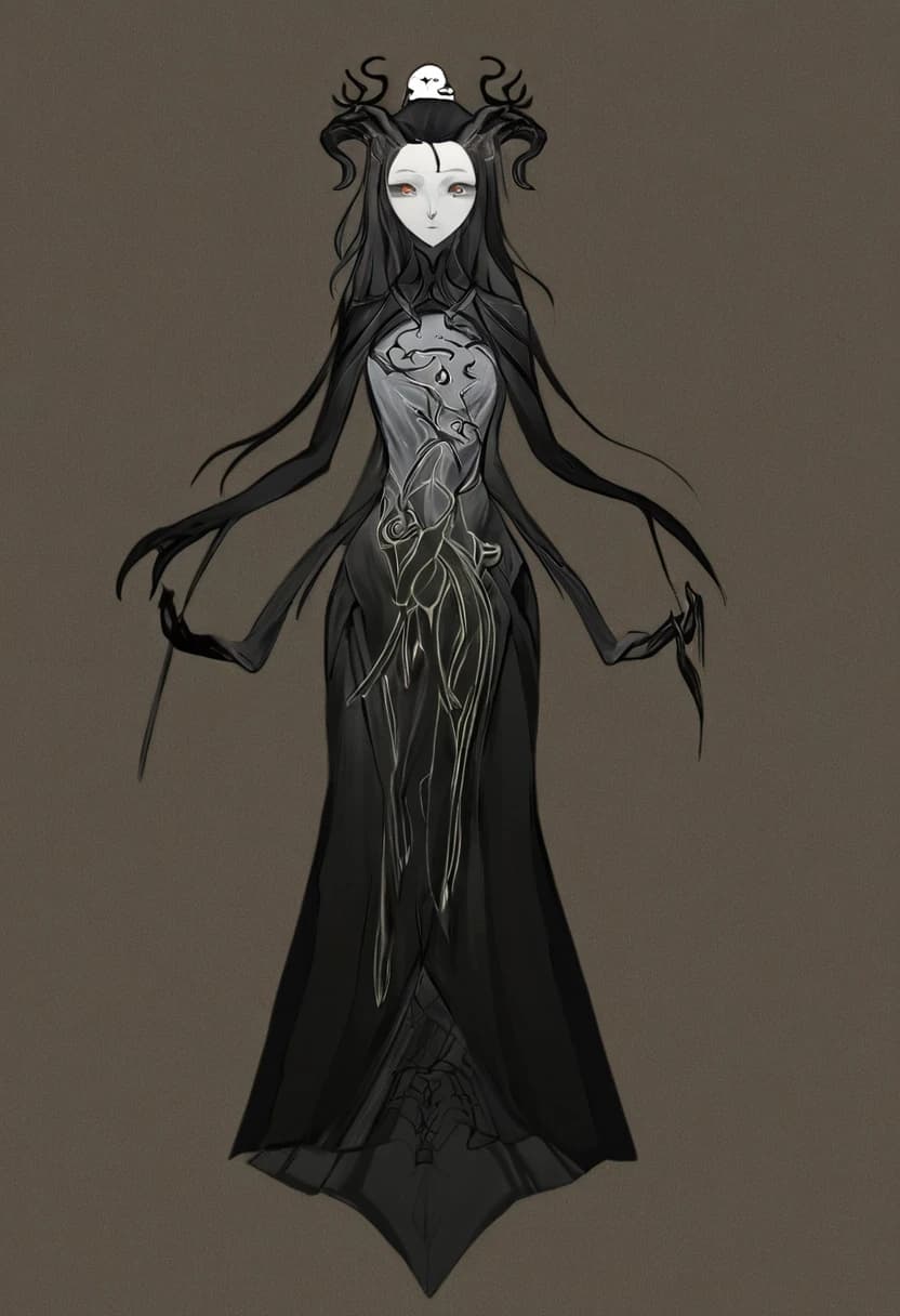 Character concept art, full-body, adult girl, a half-human with dragon features, tall and slender, with long black hair, eyes color is light gray, on head two light amber with black patterns thin dragon horns similar to tree branches, dressed in a light and loose Taoist outfit in black and amber shades, she has a cold look and an impenetrable expression, concept art, anime style, 2D, very detailed, high-quality