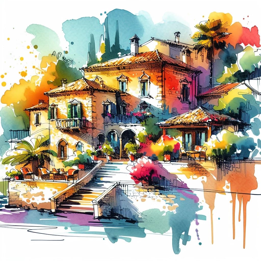 "Vibrant watercolor and ink sketch of a Mediterranean villa, bold colorful washes, expressive outlines, sun-drenched shadows, artistic splatter, white background, professional book illustration style."