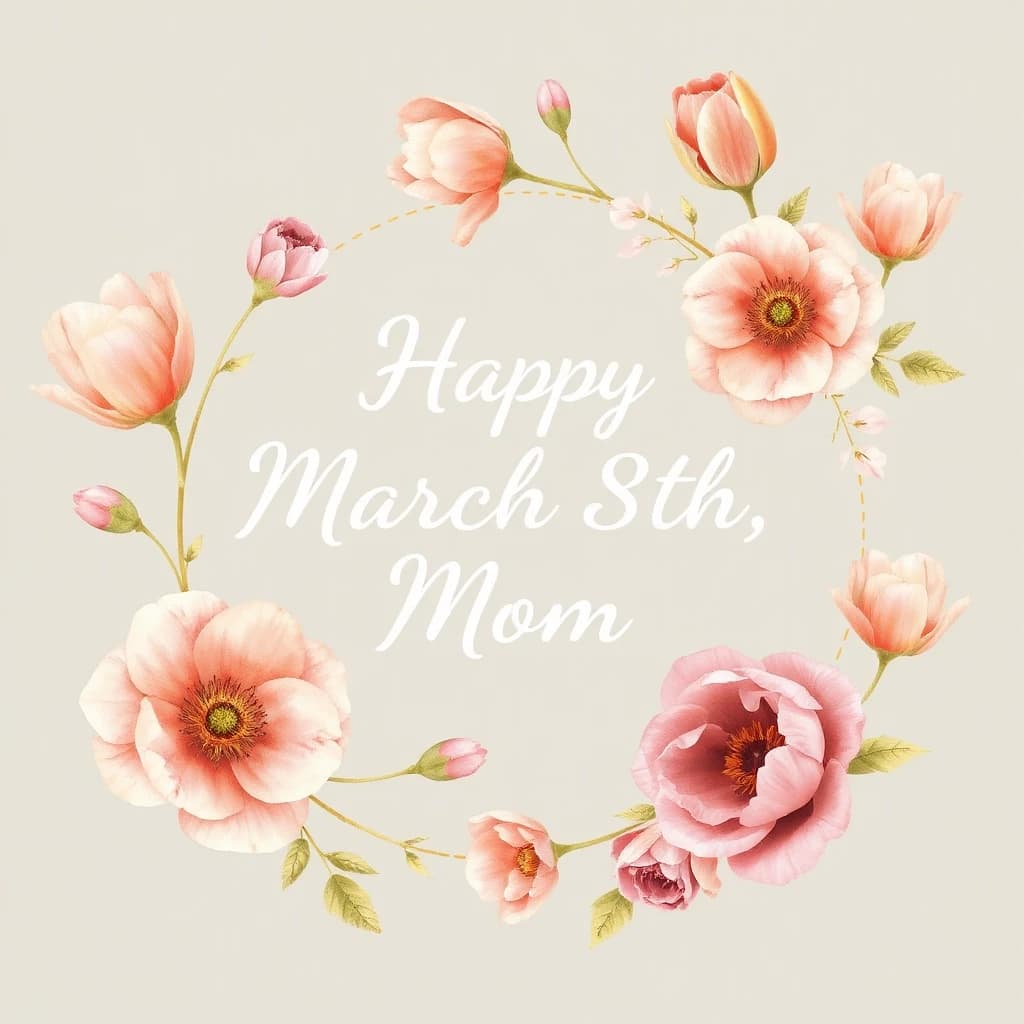 Create a beautiful greeting card design for March 8th (International Women’s Day) dedicated to Mom. The style should be elegant, soft, and heartfelt. Use delicate spring flowers such as tulips, peonies, or roses in pastel colors with subtle gold accents. Include warm, loving typography. The card should say “Happy March 8th, Mom” and include a short, touching message expressing gratitude and love. The design should be high resolution (300 dpi), suitable for printing, clean layout, no watermarks, aesthetically pleasing and modern.